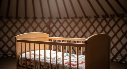 Cozy wooden crib in sunlit yurt interior featuring quilted bedding
