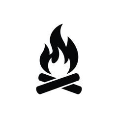 Minimal campfire icon with flames and crossed logs, simple black and white outdoor fire symbol for camping and adventure designs