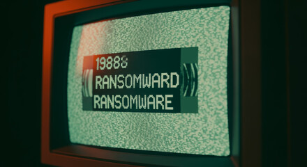 Obraz premium A vintage television screen displays the word RANSOMWARE in a retro aesthetic. The screen flickers with static, conveying a sense of digital corruption.