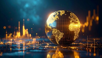 A golden globe with glowing financial charts representing global banking for the International Day of Banks.