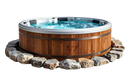 Wooden hot tub surrounded by rocks, water bubbling gently