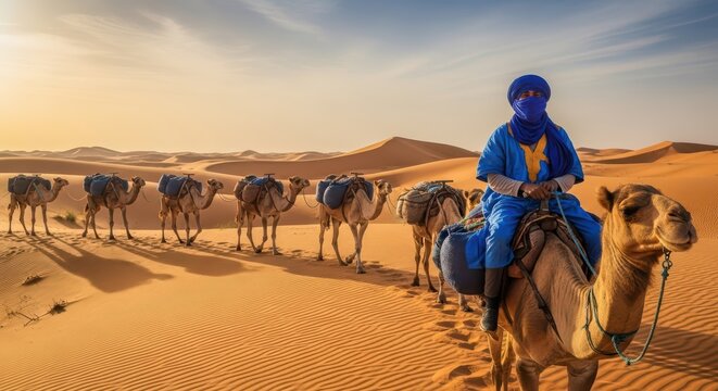 African desert journey with young adult male and camel caravan at sunrise