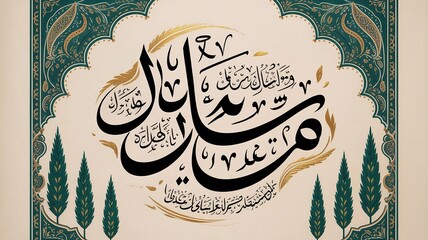 Intricate Islamic Calligraphy Design With Floral and Geometric Elements, Featuring Green and Gold.