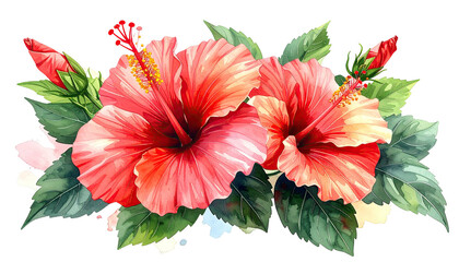Watercolor hibiscus blooms with green leaves and red pistils