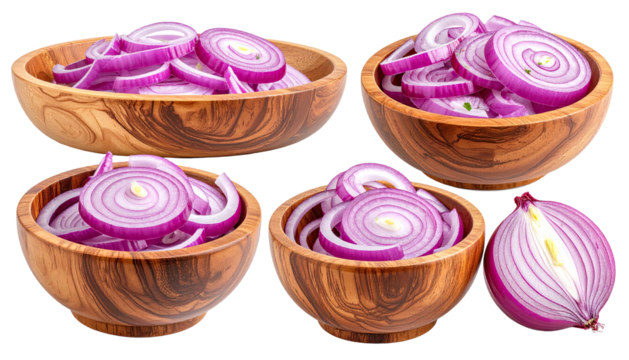 Sliced red onions in wooden bowls plus half