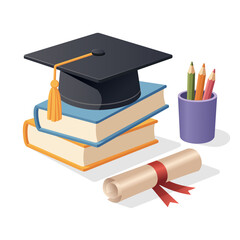 Graduation vector banner image consisting of a graduation cap or toga, graduation diploma, book and stationery