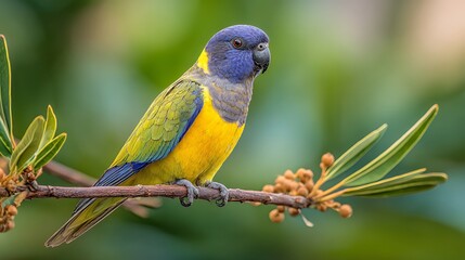 Fototapeta premium A beautiful blue and yellow parrot perched on a branch in its natural habitat, showcasing vibrant plumage and intricate details of its feathers