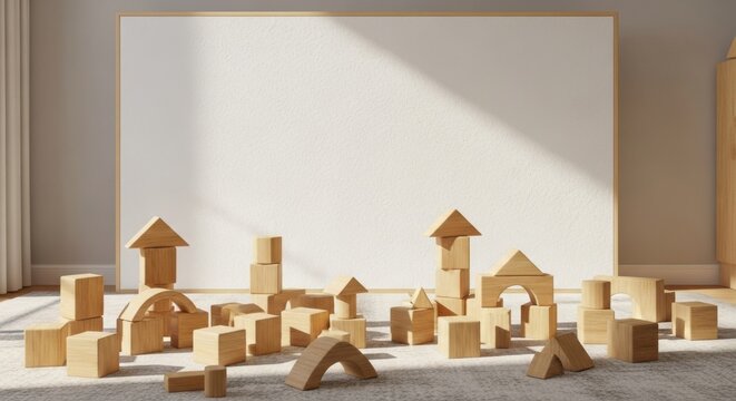 Educational wooden building blocks for children arranged on the floor in front of a whiteboard - Powered by Adobe