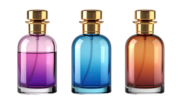 Three colorful liquid perfume bottles with gold caps, isolated