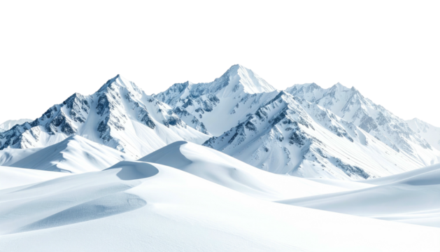 Snowy mountain range peaks under bright light