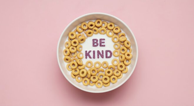 Cereal Encouragement: A bowl of cereal arranges itself to reveal the heartwarming message BE KIND, with a backdrop that complements the cereals' warmth, inspiring positivity. 