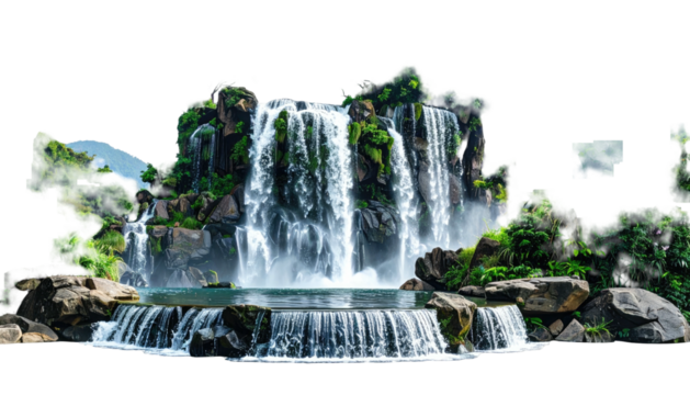 Waterfall cascades amid rocks and lush, green foliage