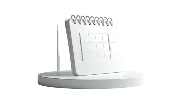 White desk calendar on a matching pedestal