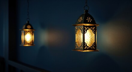 Glow of Lanterns: Two ornate lanterns cast a warm, inviting light against a backdrop of shadowed ambiance, capturing the intimate glow and intricate detail of their design.