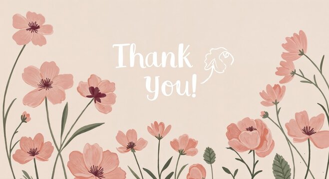 Floral Thank You: A delicate floral arrangement, featuring soft pink blossoms, frames the words Thank You, conveying heartfelt appreciation and warmth.