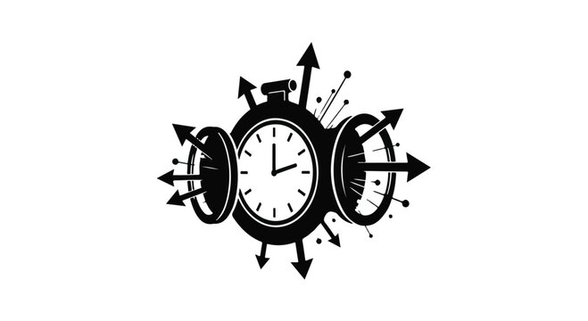 Abstract illustration of a clock exploding with arrows and radiating lines, symbolizing time and speed.