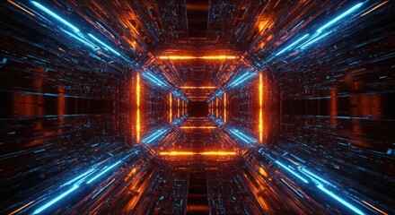 Illuminated Tunnel Vision: A vibrant tunnel of light, showcasing an alluring blend of blue and orange hues, radiates a sense of futurism and modern design.