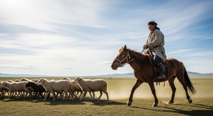 Obraz premium Asian male shepherd riding horse leading sheep across grassland