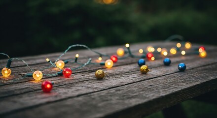 Illuminated Festive Atmosphere: The wooden table illuminated by a string of radiant lights, with a focus on vibrant, decorative bulbs casting a warm and inviting glow against the dark.