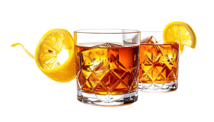Two crystal glasses of amber liquid, ice, with citrus garnish
