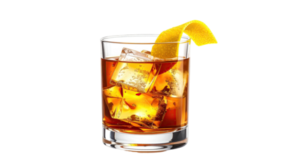 A glass filled with whiskey, ice, and an orange peel