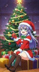 Festive Cheer: An animated young female with a joyful expression, wearing a Santa Claus outfit and sitting next to a adorned Christmas tree, holding a Christmas ornament