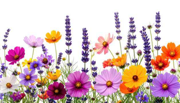 Vivid wildflowers, purple lavender, and green grass on black