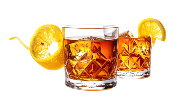 Two crystal glasses of amber liquid, ice, with citrus garnish