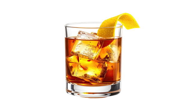 A glass filled with whiskey, ice, and an orange peel