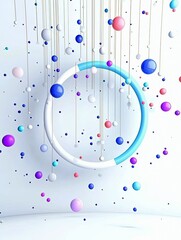 A collection of colorful spheres of various sizes are suspended by thin threads, with a large ring in the center, creating a playful and abstract scene.