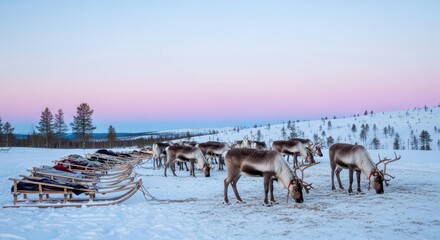 Reindeer grazing in snowy landscape at dusk with sleds in lapland