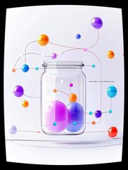 A clear glass jar holds two large, colorful spheres, with smaller spheres of various colors connected by thin lines and dots, creating an abstract network.