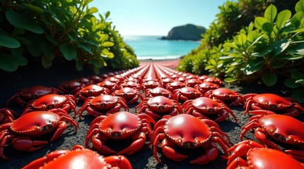 Massive migration of bright red crabs on a tropical island beach