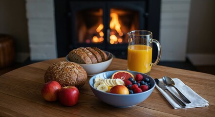 Cozy Breakfast by the Hearth: A warm, inviting breakfast spread awaits on a wooden table, featuring fresh fruits, a hearty bread loaf, and a glass of refreshing juice.