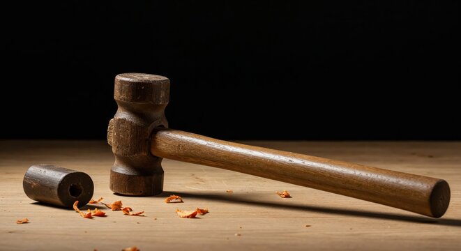 Artisan's Tools: A beautifully crafted wooden mallet and peg sit on a well-worn wooden surface, surrounded by delicate wood shavings, evoking the spirit of carpentry and craftsmanship.