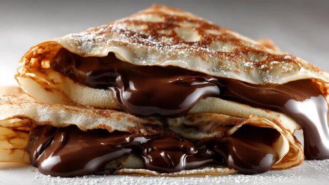 Close-up of stacked crepes filled with chocolate sauce, dusted with powdered sugar