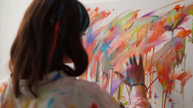 A female artist working on an abstract painting, covered in paint, fully immersed in her creative process Stock Video