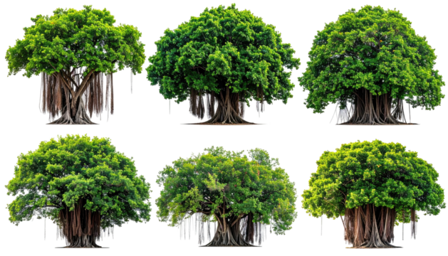 Six banyan trees, dense green canopies, aerial roots