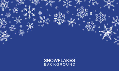 Fototapeta premium Elegant snowflake background with white geometric snowflakes arranged in curved border on dark blue backdrop creating winter and christmas festive design