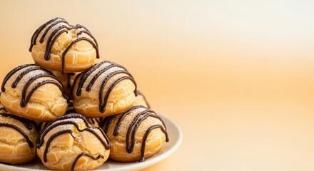 National Cream Puff Day, warm gradient from light orange to cream, close-up of cream puffs with chocolate drizzle on the left