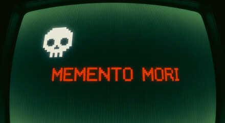 A retro computer monitor displays the stark message Memento Mori alongside a pixelated skull, serving as a powerful and introspective visual reminder.