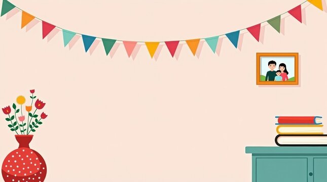 Cozy room with colorful bunting and family photo on wall