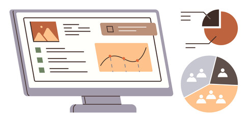 Computer monitor displaying analytics interface with charts, graphs, and reports. Pie and line representations alongside team-related data points. Ideal for data analysis, business management