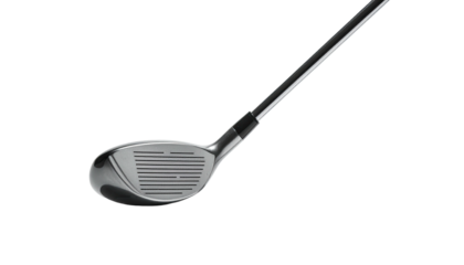 Shiny metal golf club head, facing up, on dark background