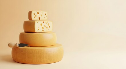 Swiss Cheese Day, soft gradient from light orange to cream, cheese wheels stacked with small knife on the left