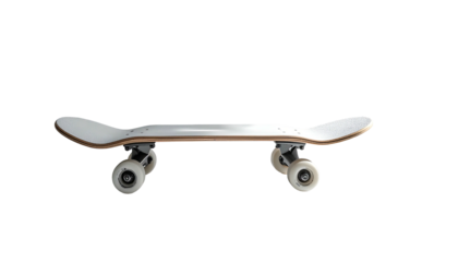 Isolated skateboard, pristine white deck against black backdrop