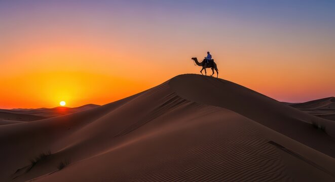 Silhouette of camel rider at sunset on majestic desert dune - Powered by Adobe