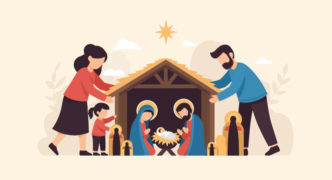This heartwarming flat design illustration depicts a family lovingly setting up a traditional nativity scene, a central element of Las Posadas celebrations.