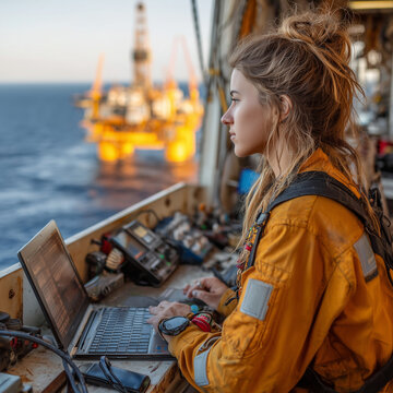 Focused woman working at control panels on an offshore oil platform, using a laptop while monitoring industrial systems with the ocean and oil rig in the background.