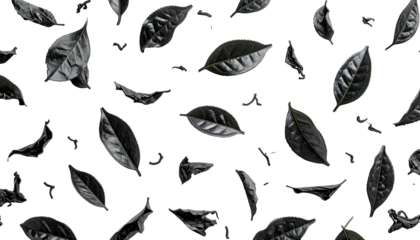 Dark leaves floating on a black background, textured pattern